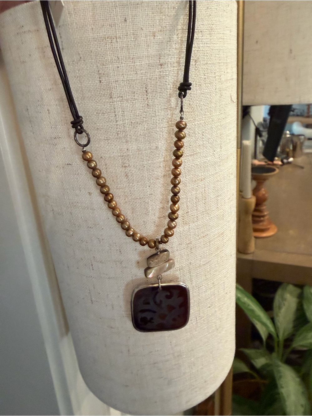 Peyote Bird unique Brown Bead Pendant Necklace with Decorative Square Charm NWT